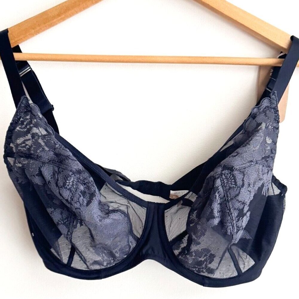 Lajaby Navy Blue Sheer Floral Underwire Bra 36F